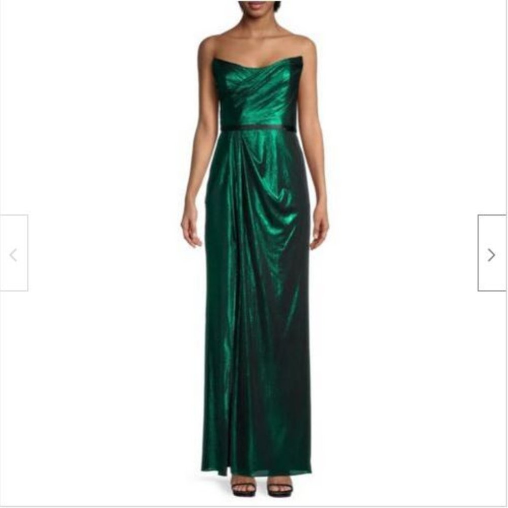 NWT Marchesa Notte Emerald Strapless Metallic Lame Gown Dress 4